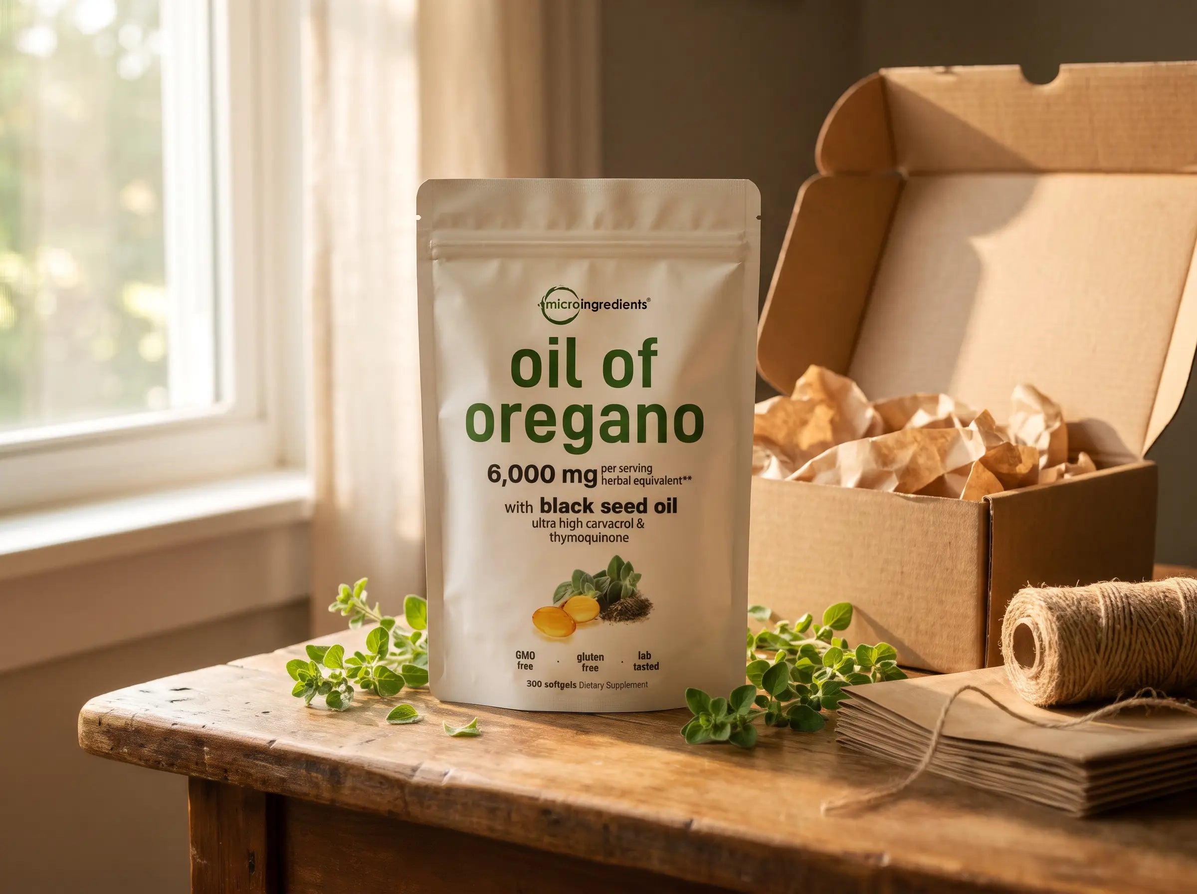 The Oil of Oregano pouch beside an open kraft shipping box, tissue paper and twine on a wooden table